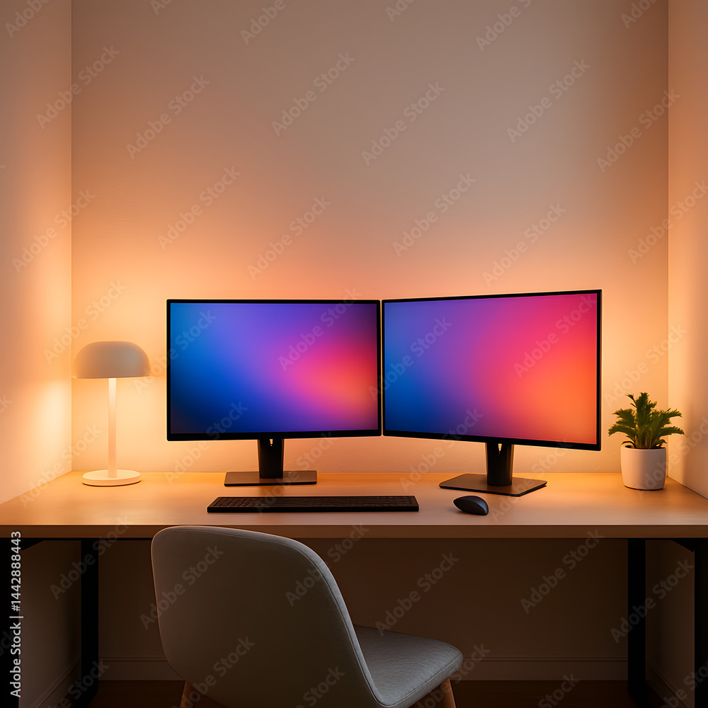 Fototapeta premium Minimalist Home Office with Smart Lighting and Dual Monitors
