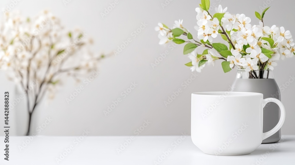 Delicate spring blooms, a minimalist white mug on a neutral surface Delicate spring blooms, a minimalist white mug on a neutral surface