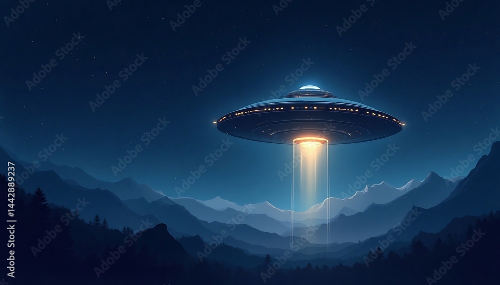 Mysterious Encounter: A striking illustration showcases a glowing UFO hovering over a serene mountain landscape, emitting a beam of radiant light under the night sky. Mysterious Encounter: A striking illustration showcases a glowing UFO hovering over a serene mountain landscape, emitting a beam of radiant light under the night sky.