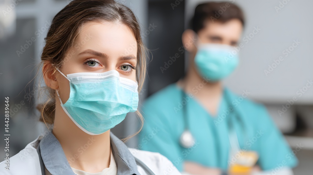 Healthcare Workers in Medical Masks Focused on Patient Care in a Clinical Setting Healthcare Workers in Medical Masks Focused on Patient Care in a Clinical Setting