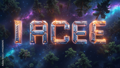 Metallic ia gee text with nebula and trees scifi landscape design