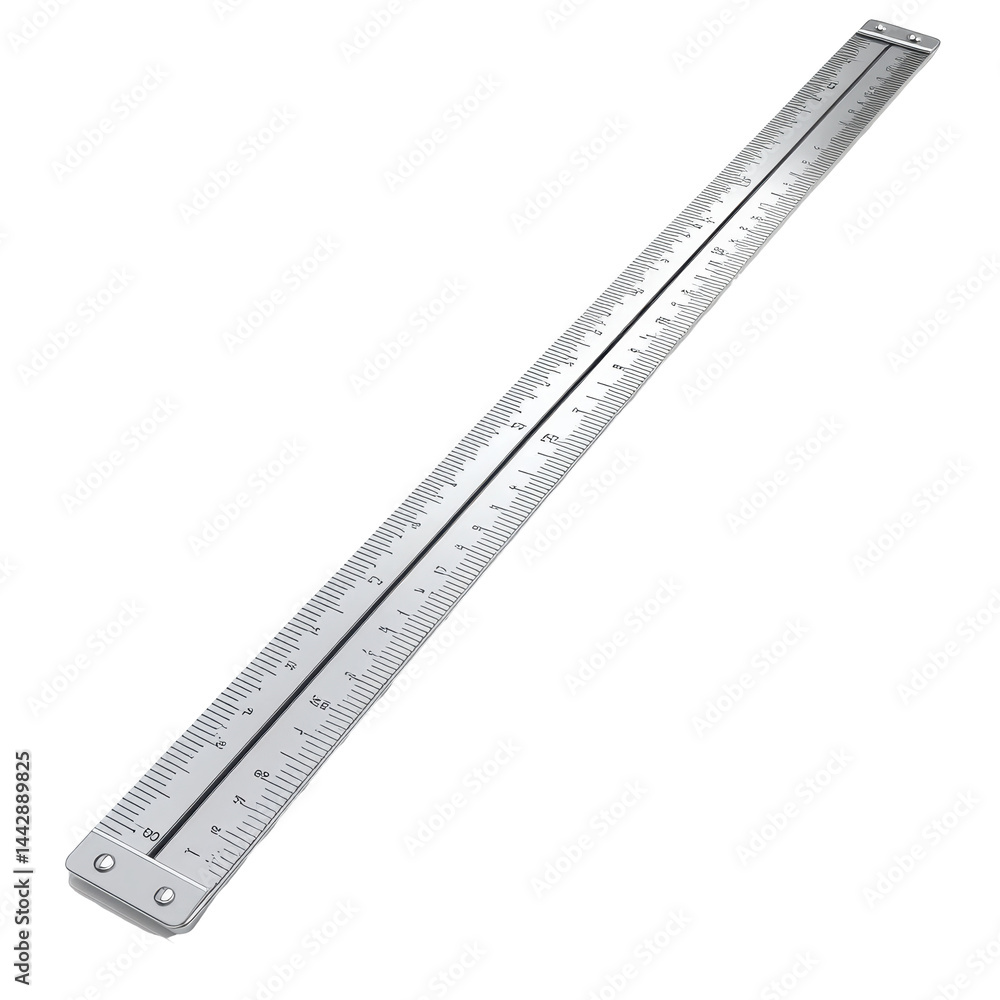 A long metal ruler with precise millimeter markings for accurate measurements. A long metal ruler with precise millimeter markings for accurate measurements.