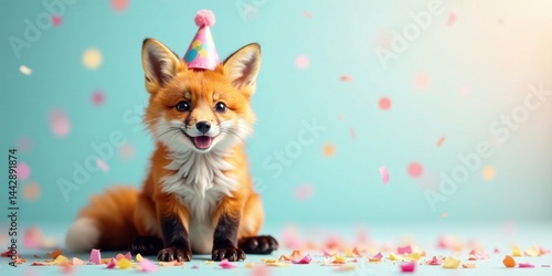 A joyful red fox cub celebrates a special occasion wearing a festive party hat amidst a flurry of colorful confetti.