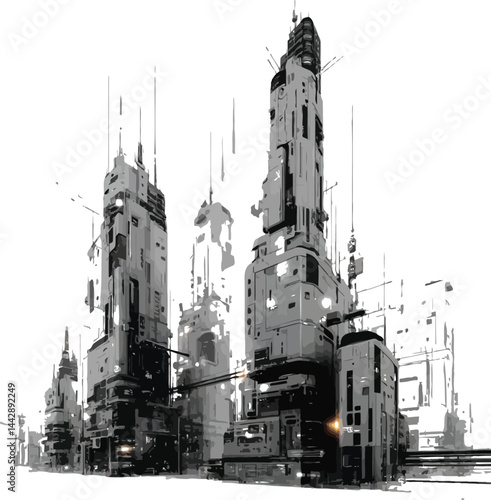 Vector Futuristic Cityscape, Monochrome High-Tech Urban Skyline.
