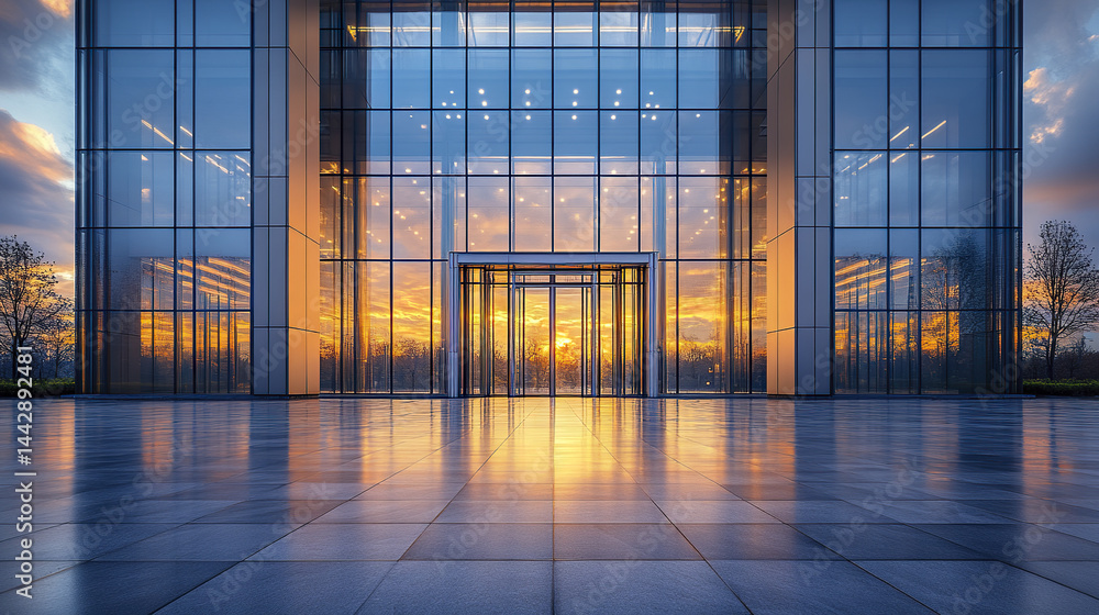 Fototapeta premium modern urban building entrance with large glass panels reflecting sunset