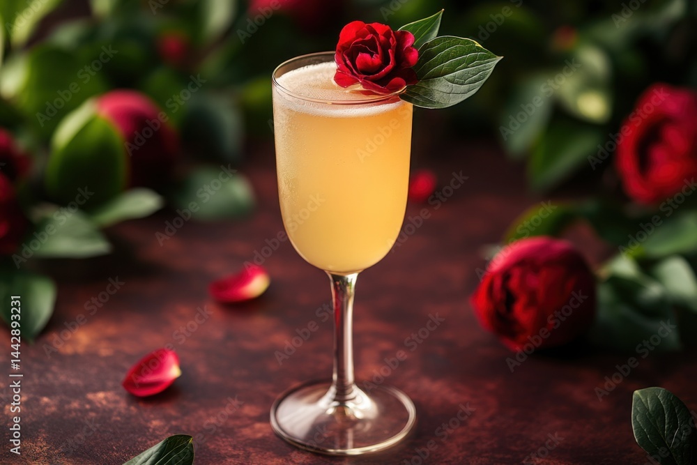 Elegant cocktail with rose garnish set against a backdrop of roses and greenery Elegant cocktail with rose garnish set against a backdrop of roses and greenery