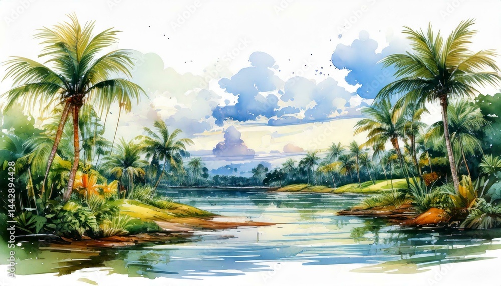 Fototapeta premium Watercolor Florida Hawaii Landscape Painting Illustration on White Background 