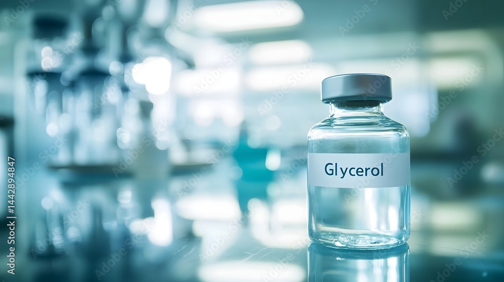 Close-up of a clear glass bottle labeled Close-up of a clear glass bottle labeled