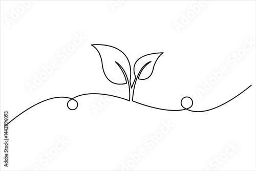 Growth plant in single continuous Line drawing. Sprout with leaves in simple linear style isolated vector illustration
