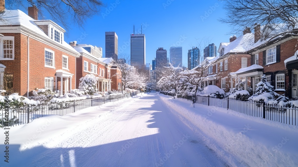 Fototapeta premium Snow-covered street lined with charming brick houses, skyscrapers in background under a vibrant blue sky