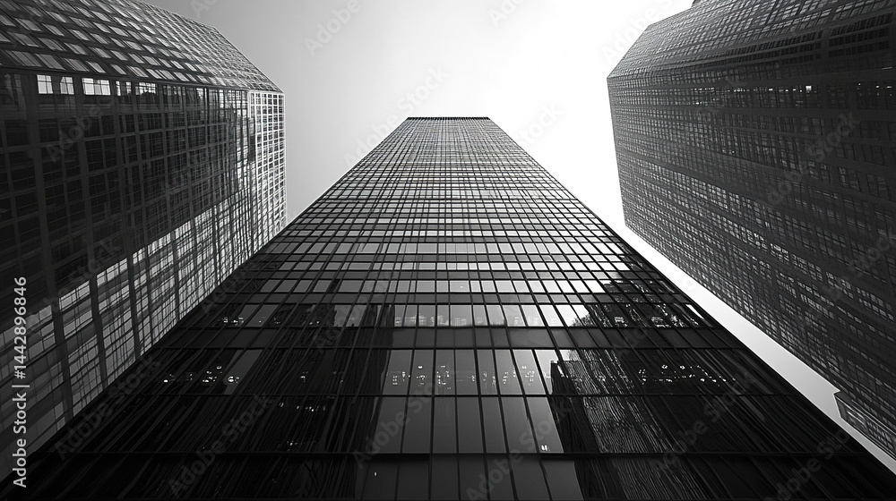 Fototapeta premium Tall skyscrapers with reflective surfaces create striking urban landscape