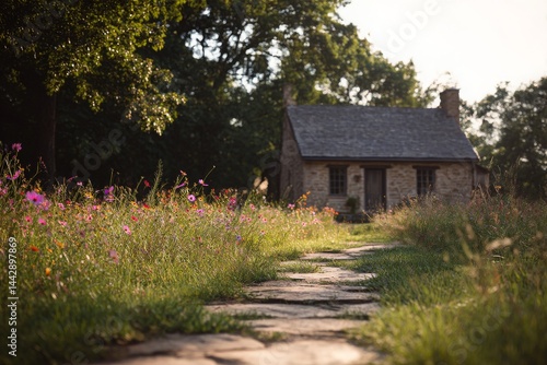 Wallpaper Mural A charming countryside cottage nestled among wildflowers with soft sunlight, swaying blooms, and a rustic stone path in a cozy atmosphere Generative AI Torontodigital.ca