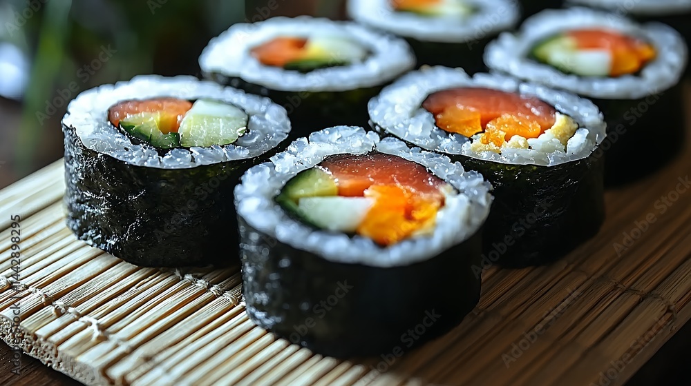Fresh sushi rolls on bamboo mat Fresh sushi rolls on bamboo mat