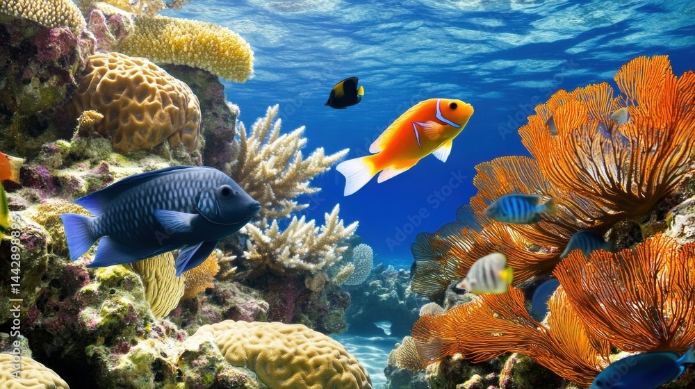 Naklejka premium Vibrant Coral Reef Scene with Colorful Fish and Marine Life
