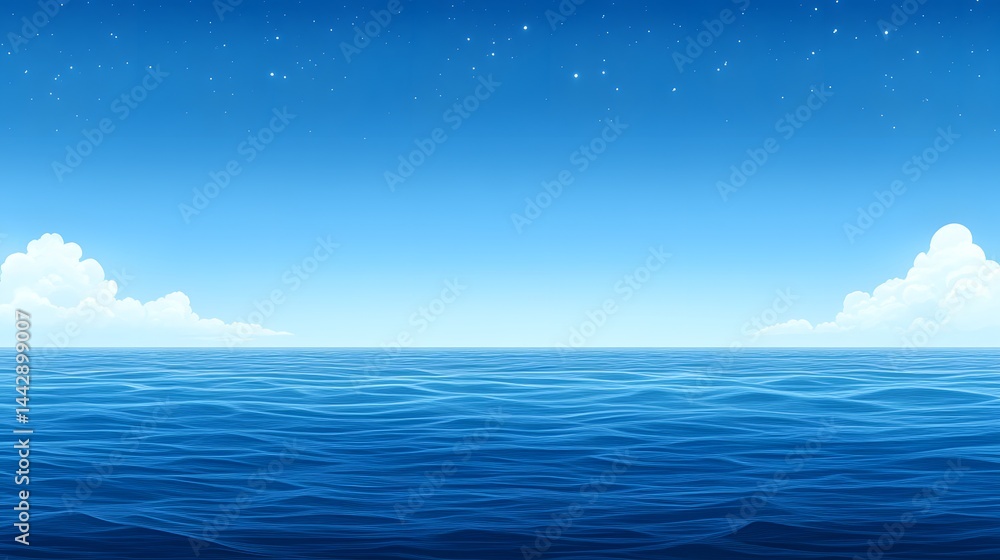 Obraz premium Serene Ocean Horizon at Night Peaceful Waterscape under Starry Sky Tranquil Blue Sea