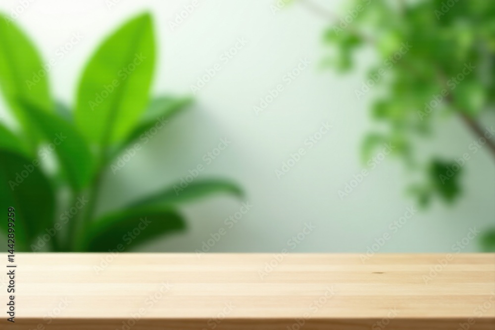 Clean Wooden Tabletop Display with Soft Focus Lush Greenery Background Perfect for Product Presentation or Mockups Clean Wooden Tabletop Display with Soft Focus Lush Greenery Background Perfect for Product Presentation or Mockups