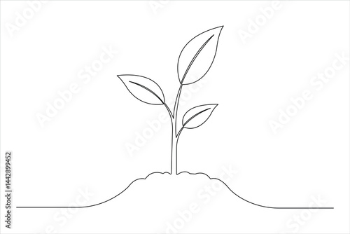 Growth plant in single continuous Line drawing. Sprout with leaves in simple linear style isolated vector illustration
