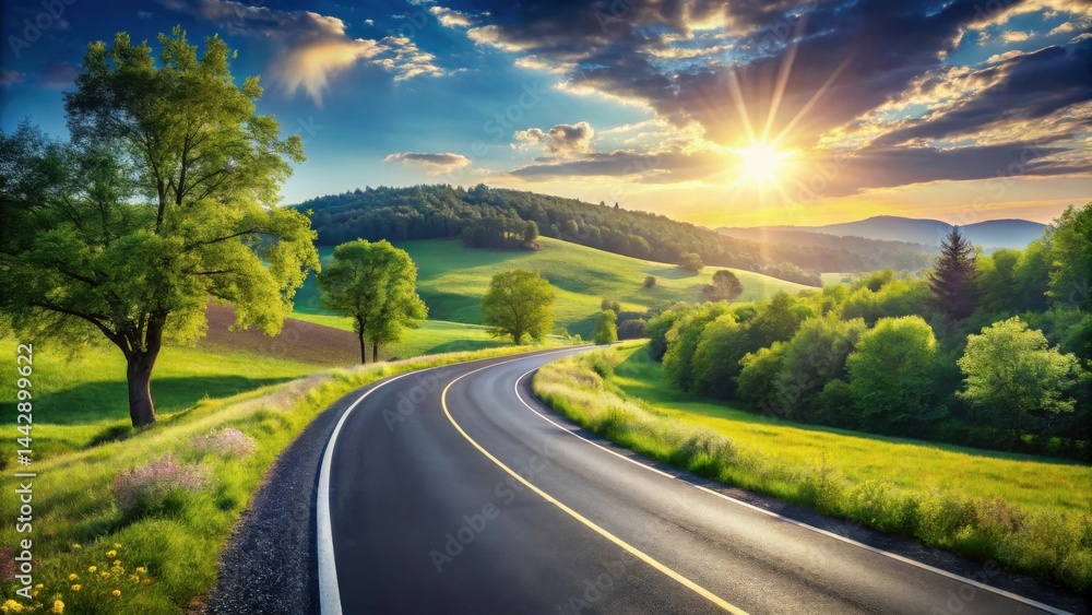 Fototapeta premium Serene Sunset Drive on a Winding Asphalt Road Through Lush Green Meadows and Rolling Hills