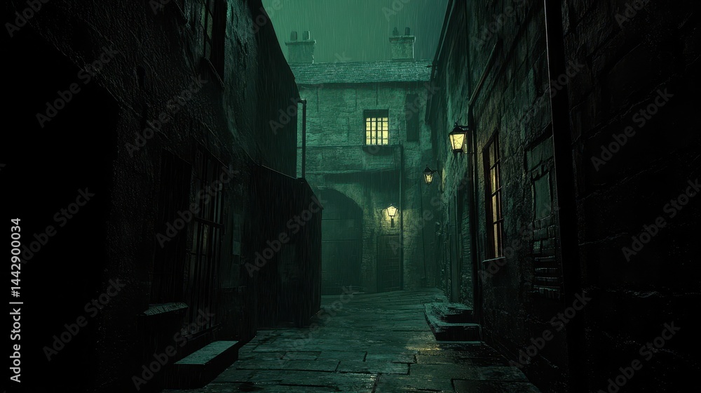 Narrow dimly lit alley at night with green hues and historical architecture Narrow dimly lit alley at night with green hues and historical architecture