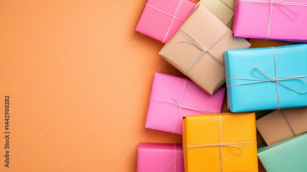 Obraz premium Colorful Wrapped Gifts on Orange Background for Celebrations and Events