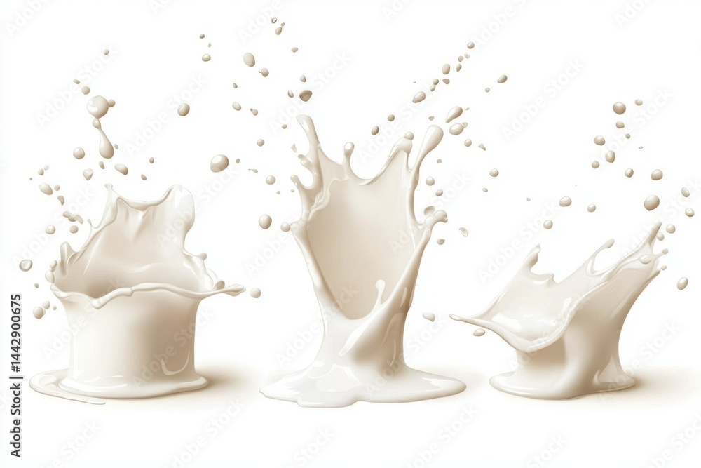 Three milk splashes with droplets suspended in the air against a clean white background showcase liquid motion Three milk splashes with droplets suspended in the air against a clean white background showcase liquid motion