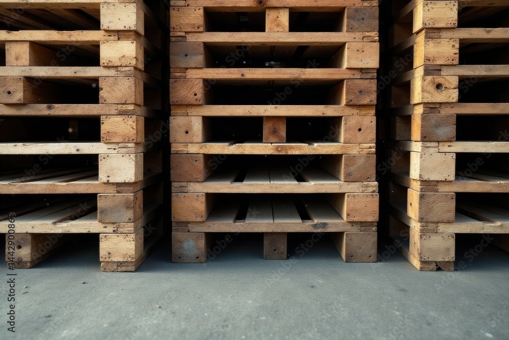 Wooden shipping pallets stacked in a warehouse setting, showing detailed texture and construction Wooden shipping pallets stacked in a warehouse setting, showing detailed texture and construction