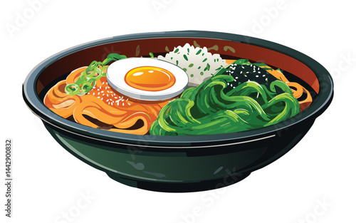 Bibimbap Rice Egg Vegetables Bowl - Vector Illustration