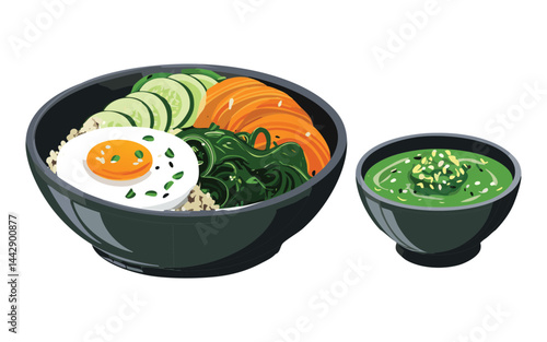 Bibimbap bowl and Seaweed Soup bowl - Vector Illustration