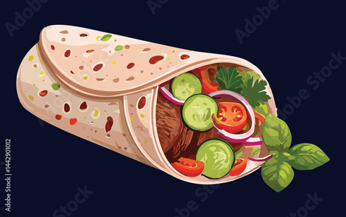 Tortilla wrap roasted beef and vegetables - vector illustration