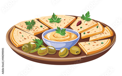 Hummus Platter with Pita Bread and Olives - Vector Illustration