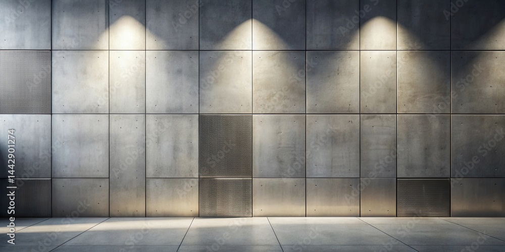 Modern architectural concrete wall with recessed panels and spotlights Modern architectural concrete wall with recessed panels and spotlights