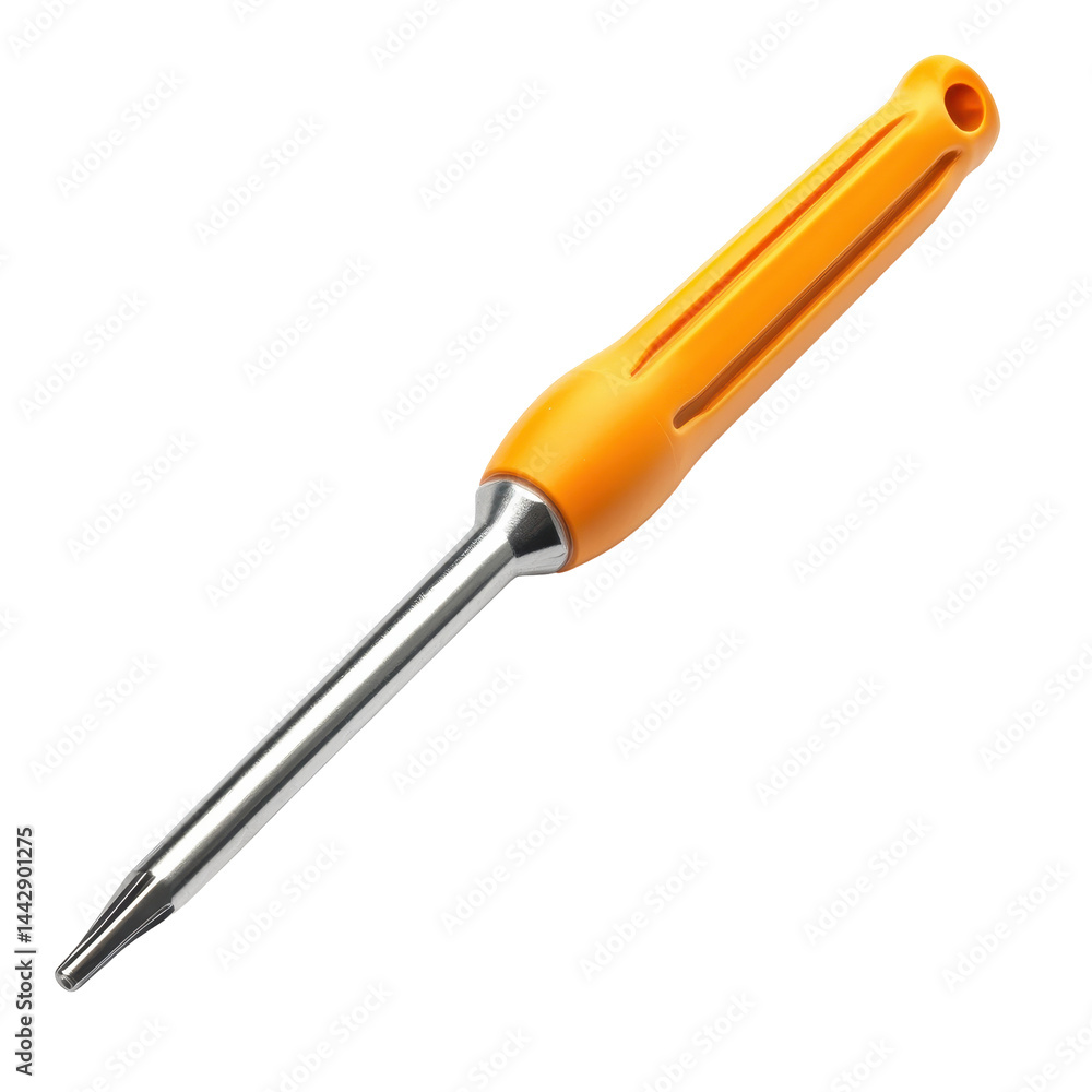 A close-up of a angled, orange-handled screwdriver positioned on a gray surface, highlighting its precision design. A close-up of a angled, orange-handled screwdriver positioned on a gray surface, highlighting its precision design.