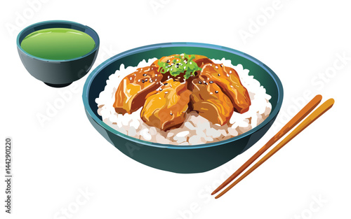 Rice Bowl with Grilled Teriyaki Chicken and Matcha Tea - Vector Illustration
