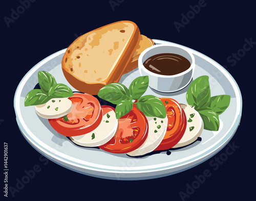 Vector illustration of Caprese Salad with Balsamic Sauce and Garlic Bread
