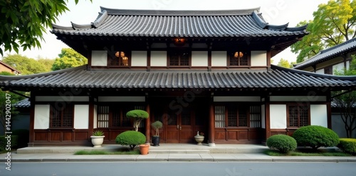 Traditional machiya house with wooden lattice windows on serene street, neighborhood, wooden, heritage