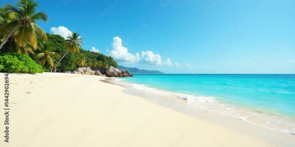 Serene tropical beach scene featuring pristine white sand, turquoise water, gently lapping waves, and lush palm trees under a vibrant blue sky Serene tropical beach scene featuring pristine white sand, turquoise water, gently lapping waves, and lush palm trees under a vibrant blue sky