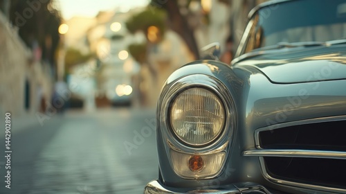 Close-up of a vintage car's headlights at night.