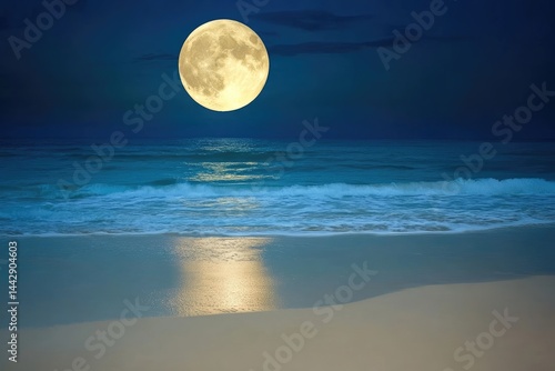 Moonlight beach scene  Vast, tranquil ocean shoreline bathed in the soft glow of a full moon  Gentle waves lapping at the shore