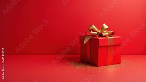 Wallpaper Mural A single red gift box adorned with a gold ribbon sits on a red surface, scattered with gold glitter, creating a festive and celebratory mood. Torontodigital.ca