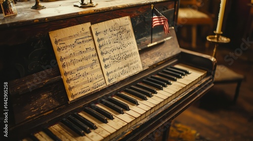 Vintage piano keyboard with sheet music and American flag perfect for musical heritage or studio decor designs