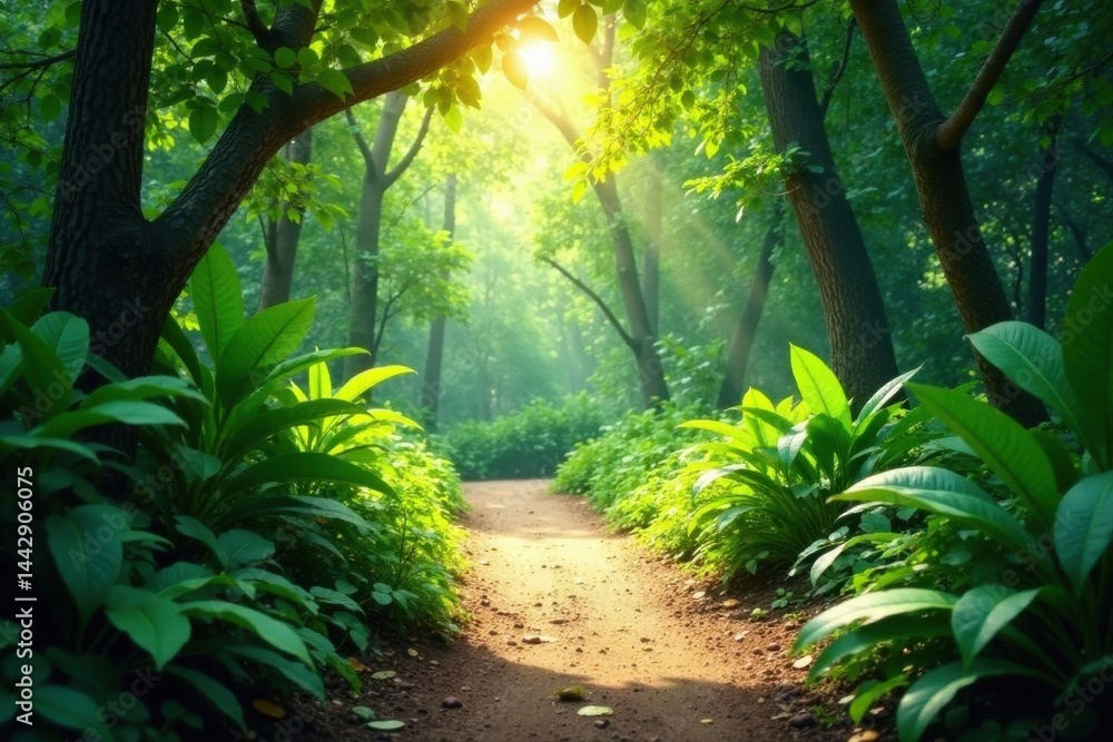 Fototapeta premium Sunlit Path Through a Lush Green Forest Canopy, a Serene and Tranquil Woodland Trail