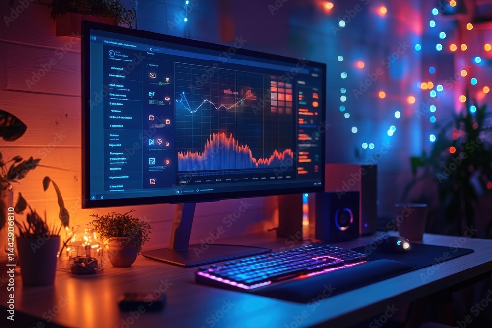 Home workstation: A computer monitor displays stock charts in a room with warm lighting Home workstation: A computer monitor displays stock charts in a room with warm lighting
