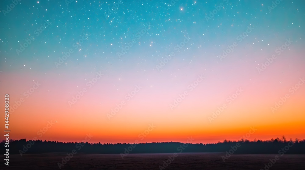 Naklejka premium Serene Sunset Landscape with Starry Night Sky over Silhouetted Trees Peaceful Twilight Scene
