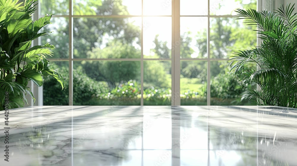 Empty marble surface in front of a verdant window view. Empty marble surface in front of a verdant window view.