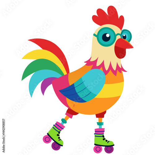 A Chicken in rainbow-colored sunglasses  and roller skates  