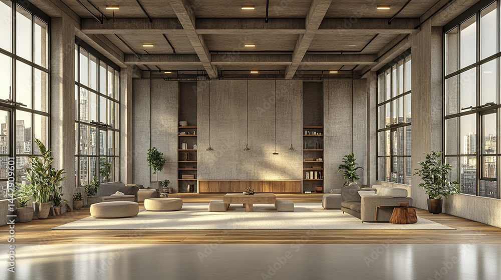 Spacious modern office interior with large windows and natural light, creating serene atmosphere Spacious modern office interior with large windows and natural light, creating serene atmosphere