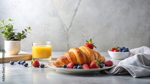 A delightful breakfast scene featuring a golden croissant, accompanied by fresh strawberries and blueberries, served alongside a refreshing glass of orange juice.