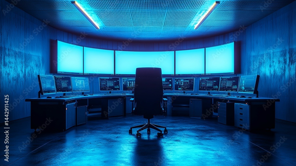 Empty control room bathed in vibrant blue light. Empty control room bathed in vibrant blue light.