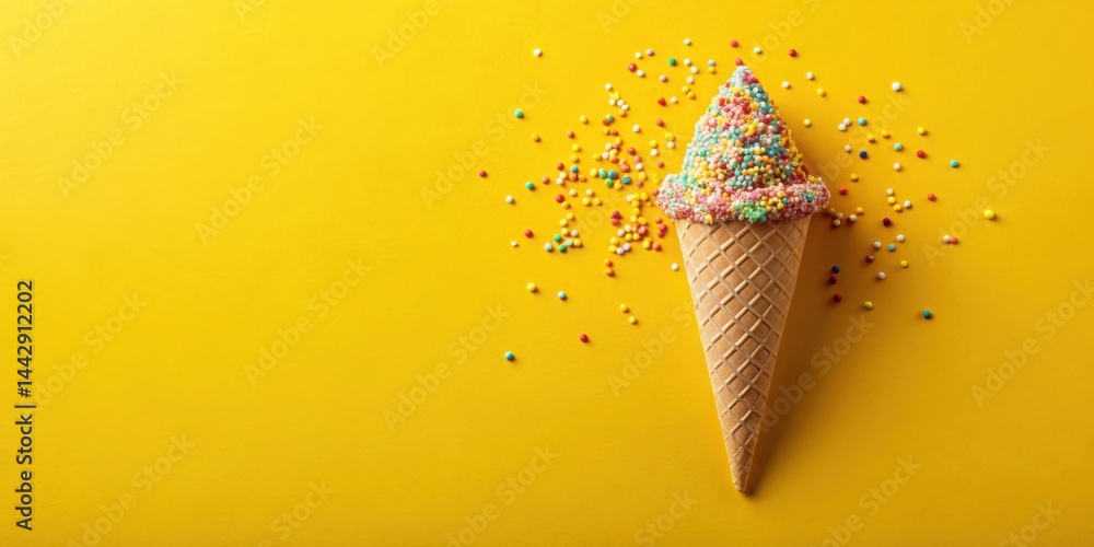 Sweet treat A colorful ice cream cone brimming with sprinkles on a vibrant yellow background
