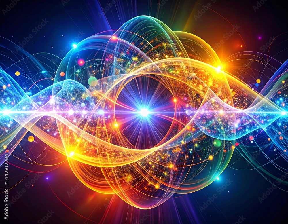 Obraz premium Colorful abstract energy waves and particles in dynamic cosmic space science digital concept art